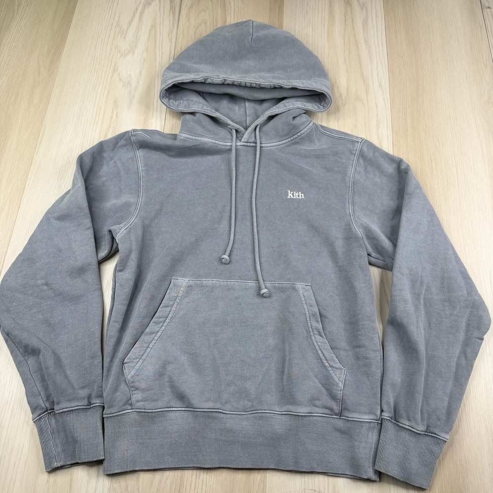 KITH Washed Grey Embroidered Logo Drawstring Pullover Hoodie Mens Size S Small